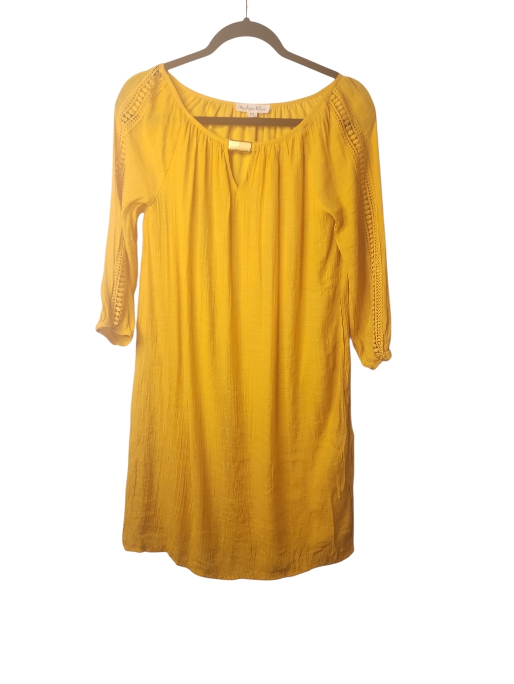 Indigo Rose Women's Mustard Yellow Crochet Gauze Boho Y2K Peasant Dress-Size PS